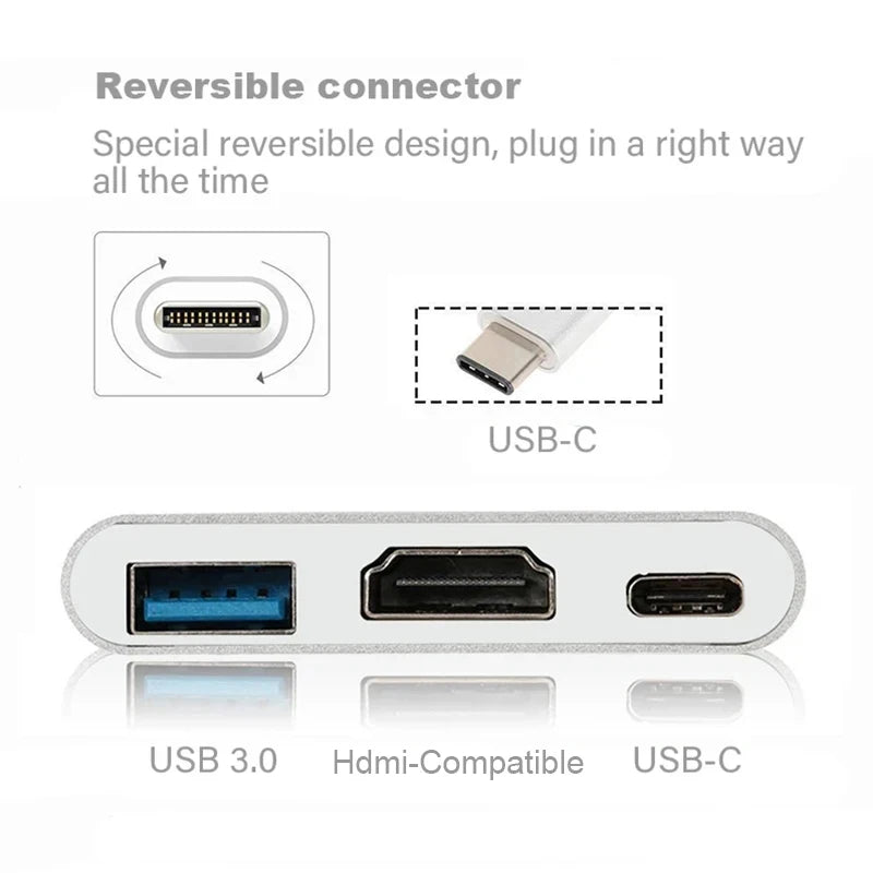Koncentrator USB-C 3 w 1 z portami HDMI 4K, USB 3.0 i ładowaniem