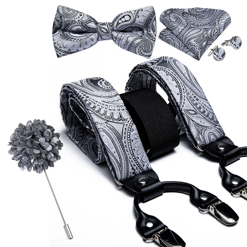 Luxury White Men's Suspenders Adjustable 6 Clips Braces DiBanGu Leather Metal Pre-Tied Bow Tie Brooch Pocket Square Set