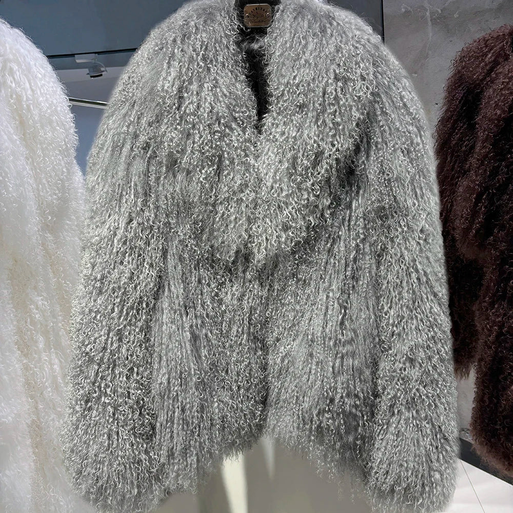 YOLOAgain Women's Real Mongolia Sheep Fur Jacket Dark Brown Sheep Fur Jacket