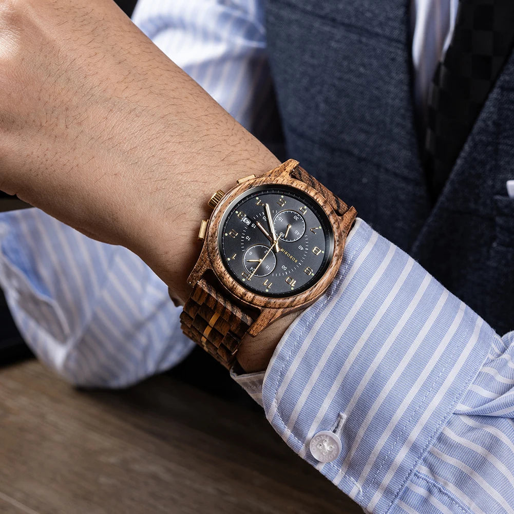 BOBO BIRD Wood Watch Men Business Quartz Watches Engraved Wooden Chronograph Wristwatch With Date Display Custom Reloj Madera