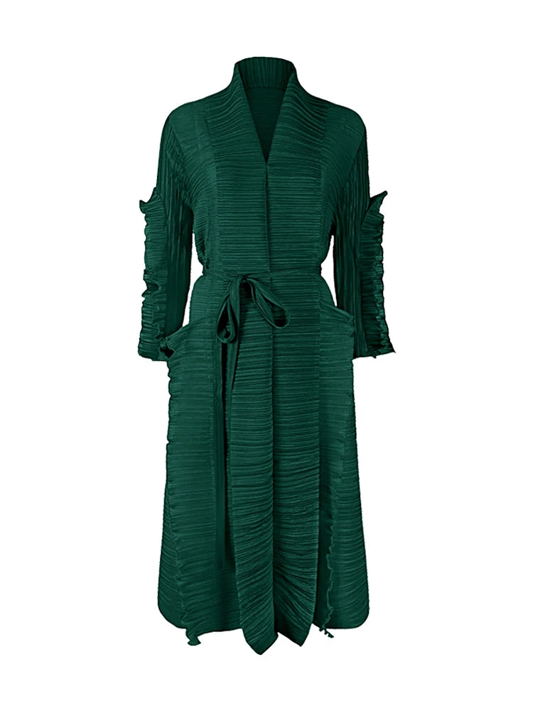 Miyake Pleated Petal Sleeve Dress Lapel Cardigan Sashes High Fashion Loose Long Dresses Fall 2022 Winter Women Designer Clothes