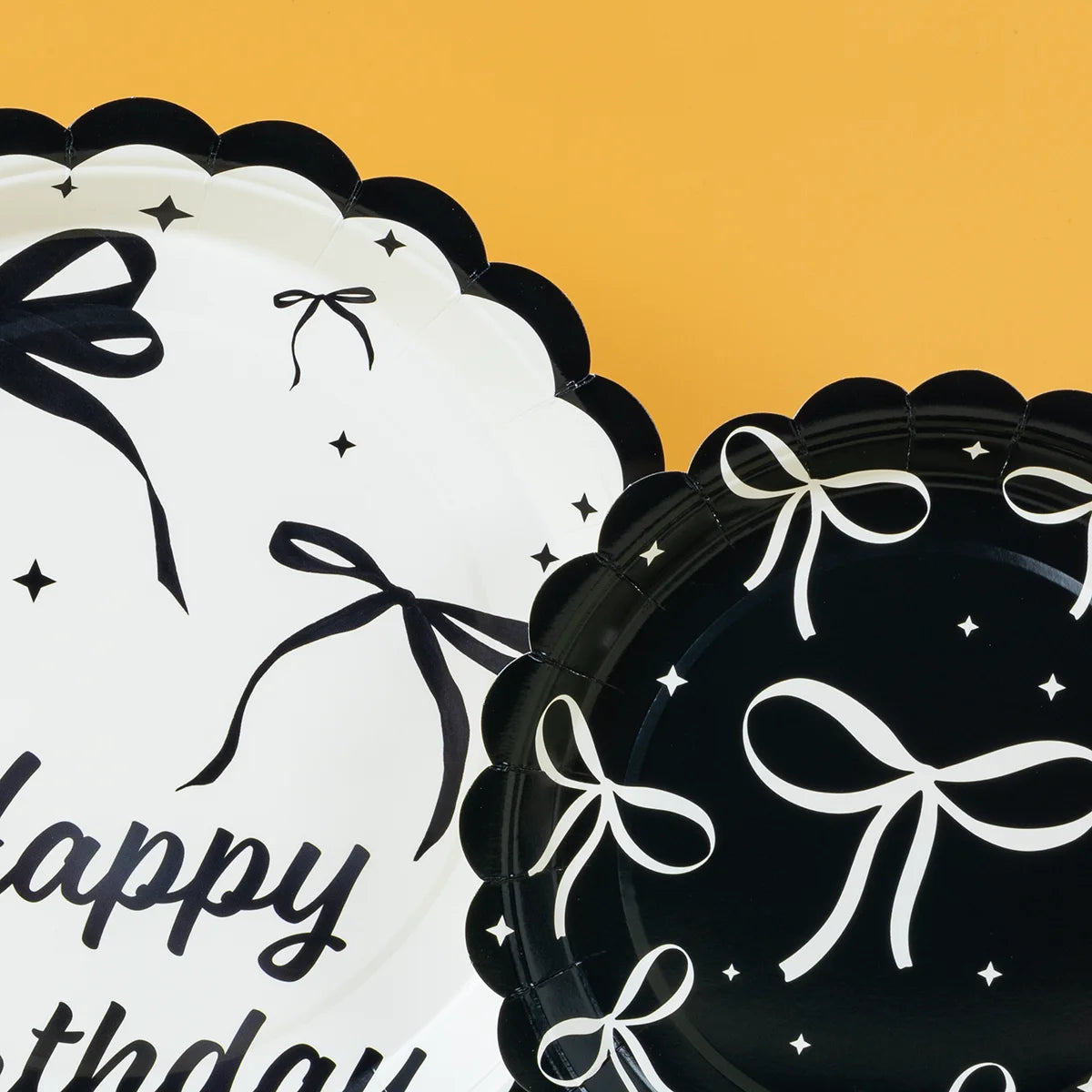 Black White Bow Print Disposable Paper Plates, Happy Birthday Themed Paper Plates for Party and Celebrations