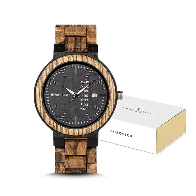 BOBO BIRD Wooden Men Watch Fashion Business Week and Date Display Quartz Timepiece Customize Logo Great Gift Relogio Masculino