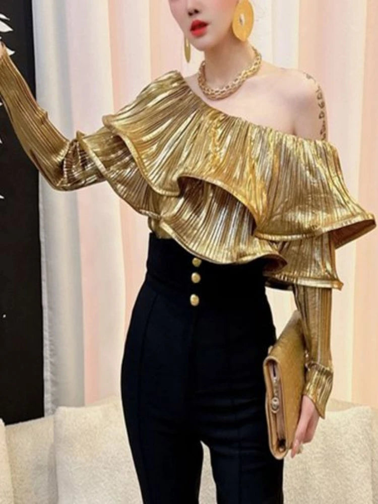 2026 Camisas De Mujer Solid Slash Neck Blouse Women's Clothing Ruffled Long Sleeve Sexy Shirts Slim Fit Fashion Vintage Blouses