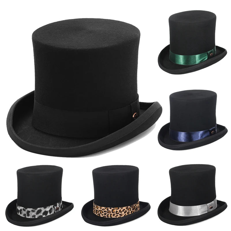 GEMVIE Haut-de-forme 17 cm en 100 % feutre de laine castor, chapeau haut de forme, melon, cylindre pour femmes et hommes, costume de Chapelier fou, chapeau de magicien