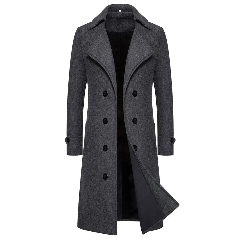 Abrigos largos de lana para hombre, moda de primavera, gabardinas cruzadas, rompevientos de otoño con cuello vuelto, ajuste entallado, ropa de abrigo masculina