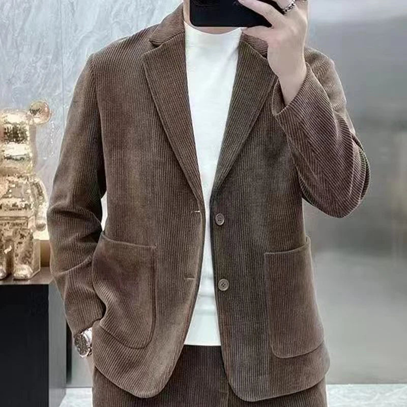 Fashion Suit Men's Spring Autumn Long Sleeve High-End Casual Korean Slim Two-Piece Set Solid Wrinkle Blazer With Lining Outfits