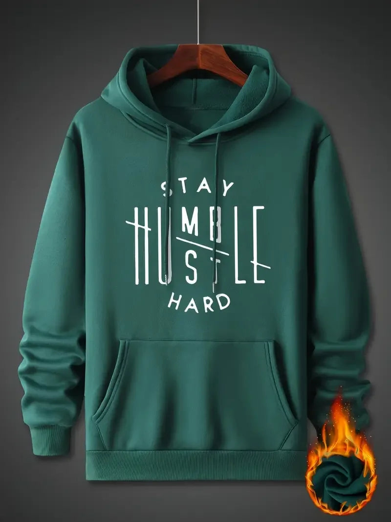 Inspirerande hoodie för män - "Stay Humble"-mönstrad avslappnad streetstyle-huvtröja, vardagsmode med lång ärm
