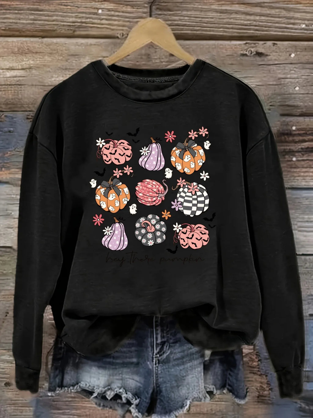 Women's Casual Long Sleeve Crew Neck T-Shirt Hey There Pumpkin Print Design Design, Round Neck Women's Clothing, Machine Washable, Slightly Elastic, Loose Fit, Spring Autumn Winter Women's T-Shirt, Halloween Costume Outfit