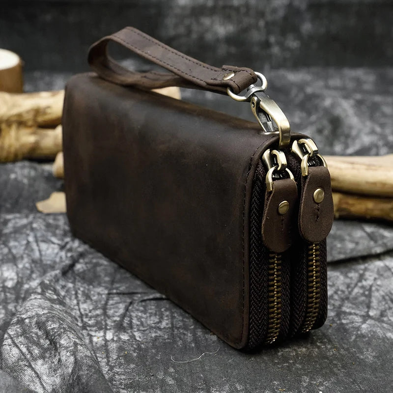 Luksusowy portfel damski i męski z podwójnym zamkiem, długi, skórzany w stylu vintage, kopertówka, etui na telefon, karty i monety, 100% prawdziwa skóra, portfel męski