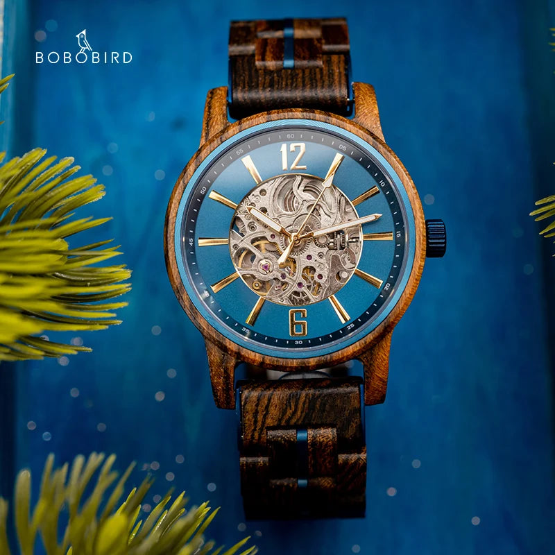 BOBO BIRD Nuevos Relojes Mecánicos para Hombre de Madera Real de Lujo Esqueleto Automático Regalo Personalizado de Navidad para Hombre