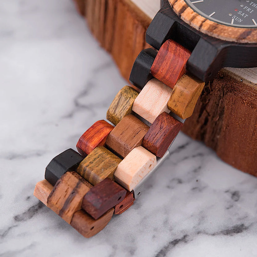 BOBO BIRD Drewniany zegarek męski damski kwarcowy z datownikiem i dniem tygodnia zegarek dla par kolorowy drewniany pasek logo personalizacja prezent hurt dropshipping