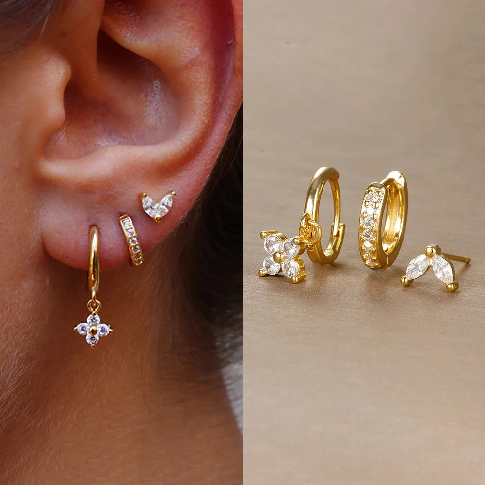 Pendientes de acero inoxidable con forma de flor y circonitas para mujer - Set de 3 piezas