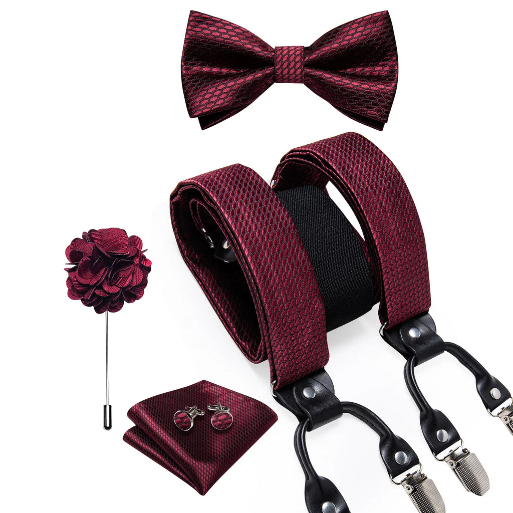 Luxury White Men's Suspenders Adjustable 6 Clips Braces DiBanGu Leather Metal Pre-Tied Bow Tie Brooch Pocket Square Set
