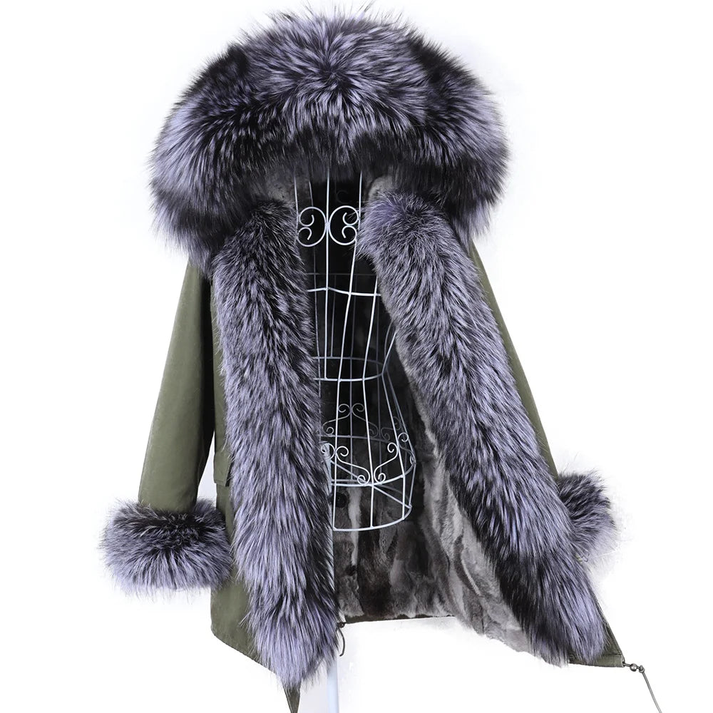 MAOMAOKONG 2026 Removable Real Fox Fur Collar Coats Woman Winter Jacket Hooded Rabbit Fur Lining Long Parkas Female Clothes