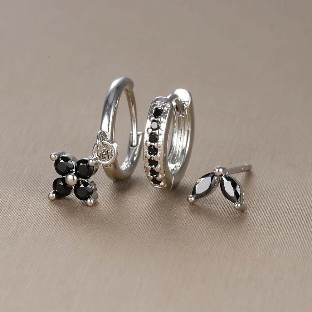 Pendientes de acero inoxidable con forma de flor y circonitas para mujer - Set de 3 piezas