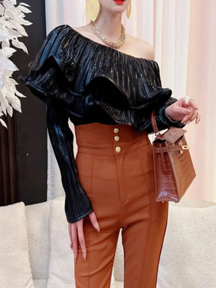 2026 Camisas De Mujer Solid Slash Neck Blouse Women's Clothing Ruffled Long Sleeve Sexy Shirts Slim Fit Fashion Vintage Blouses