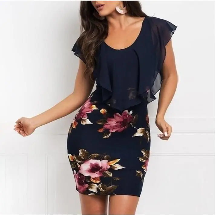 Damenkleid Sommer 2023 Sexy Blumendruck Spleißen Bedrucktes schmales Mini-Kleid mit Rundhalsausschnitt Freizeitkleider ZCQZ9