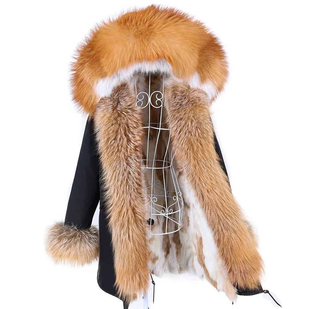 MAOMAOKONG 2026 Removable Real Fox Fur Collar Coats Woman Winter Jacket Hooded Rabbit Fur Lining Long Parkas Female Clothes