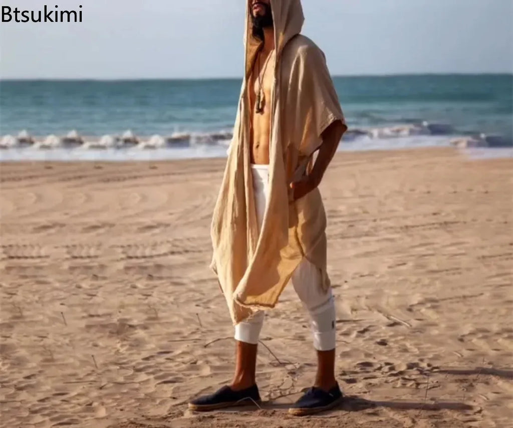 2026 Men's Summer Mid-Length Cardigans Loose Casual Sun Protection Clothes Beach Holiday Style Shawl Coat Male Long Hooded Cape