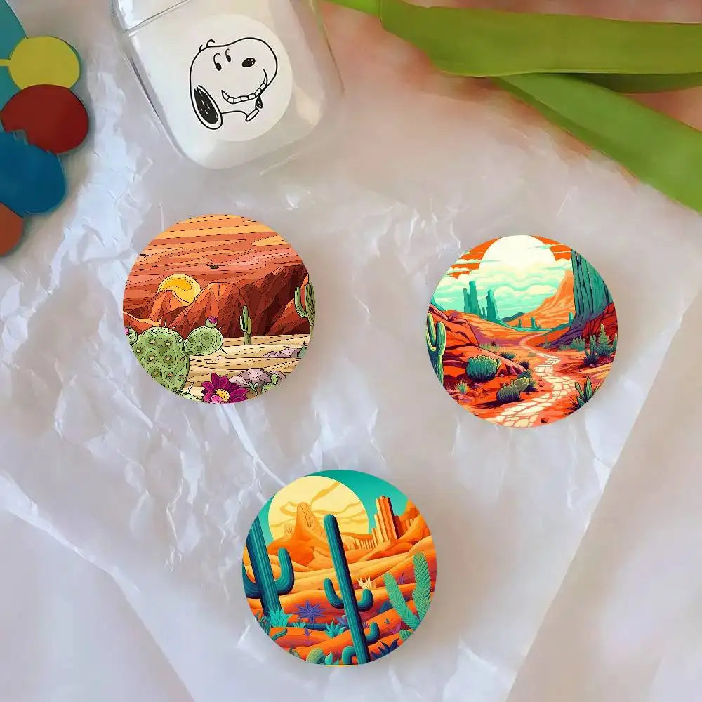 Cactus Sunset Cartoon Round Badge Lapel Pins For Backpacks Briefcase Laser Brooch Clothes Gifts