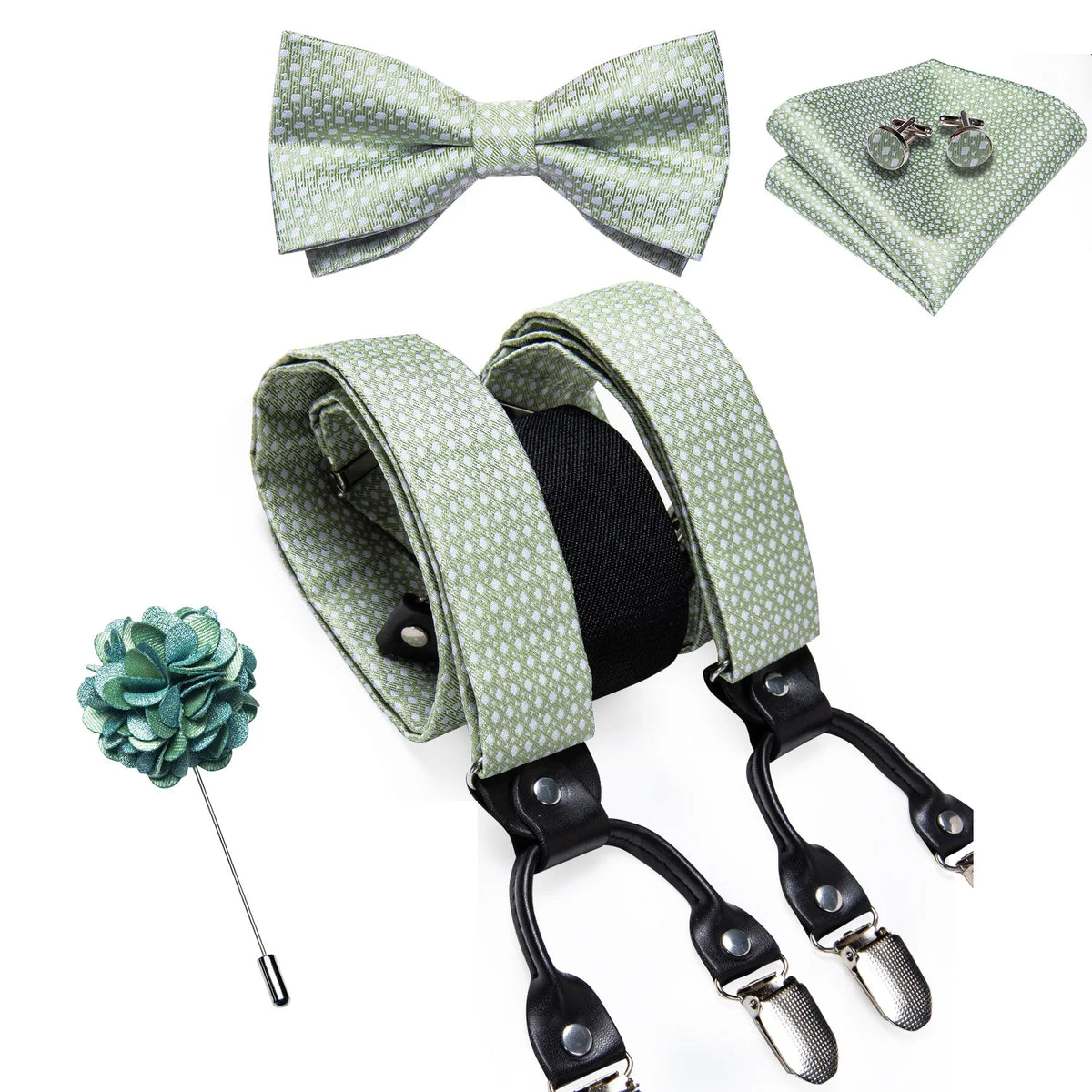 Luxury White Men's Suspenders Adjustable 6 Clips Braces DiBanGu Leather Metal Pre-Tied Bow Tie Brooch Pocket Square Set