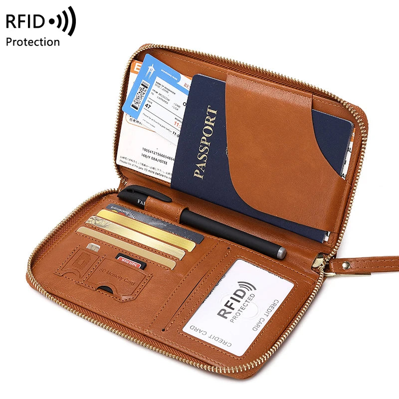 RFID Blocking Passport Holder, Travel Wallet, Ticket, Credit Card Bag, Multifunctional Zipper Wallet With Wrist Strap, Fashion