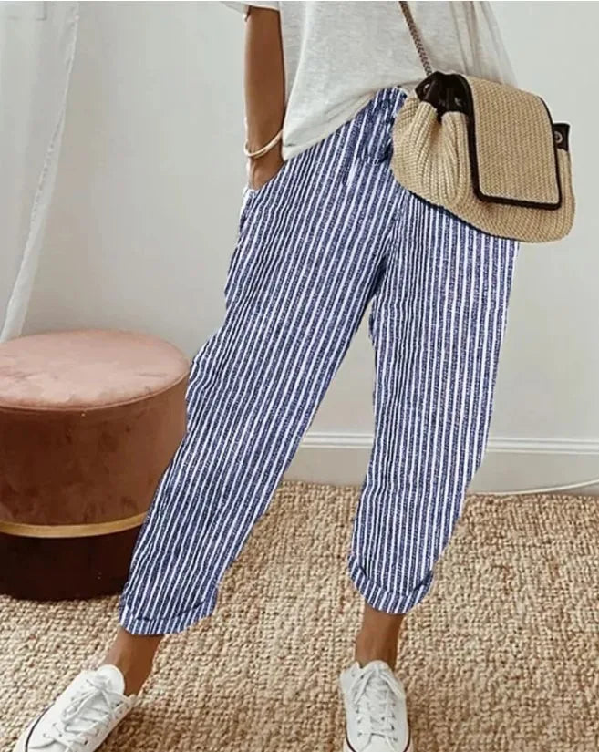 European and American Cross Border Women's Summer New Fashionable Loose Stripe Printed Elastic Waist Drawstring Casual Pants