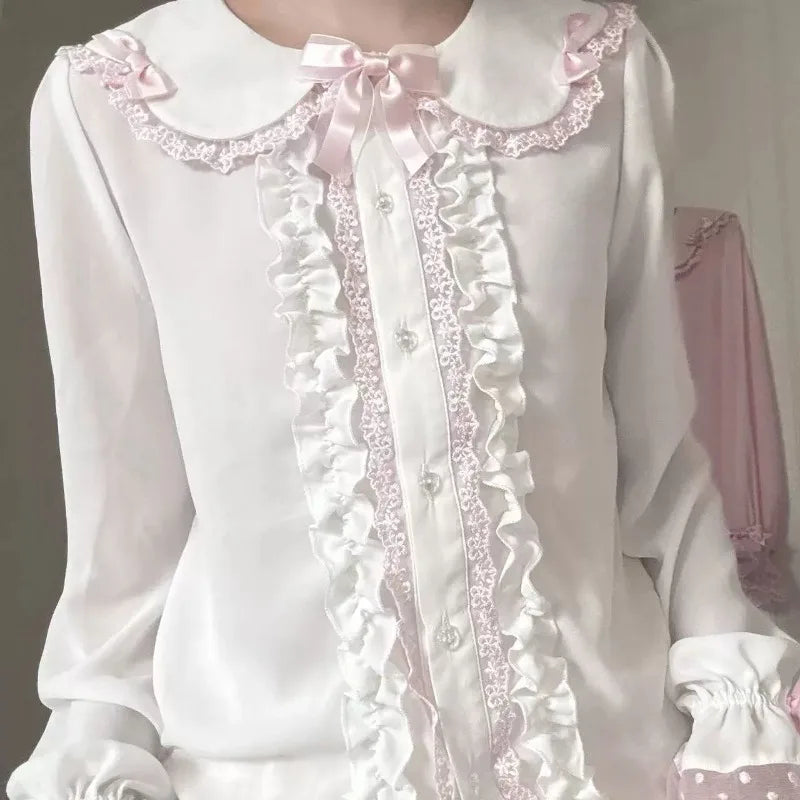 Blusa estilo Sweet Lolita japonés de poliéster para mujer con cuello de encaje y lazo