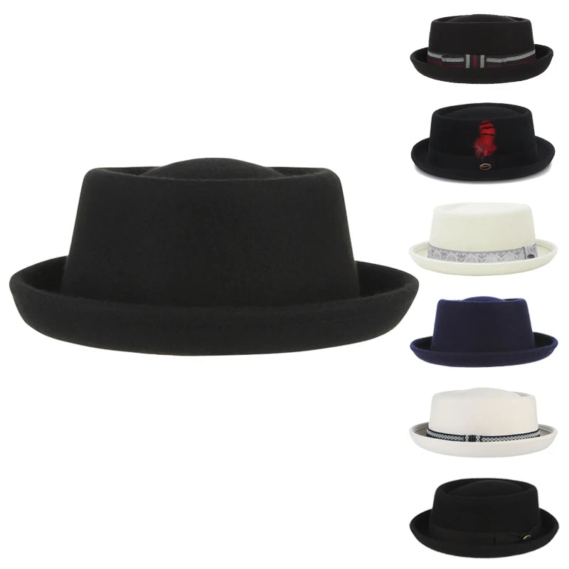 GEMVIE Classic 100% Wool Soft Felt Pork Pie Hat Fedora for Men Women Autumn Winter Wool Hat Curved Brim Men Dress Hats
