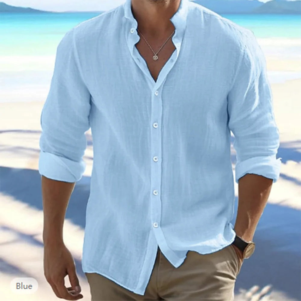 Bomullslinne Rea Herrskjortor med lång ärm Sommar Enfärgad ståkrage Ledig strandstil Plus size