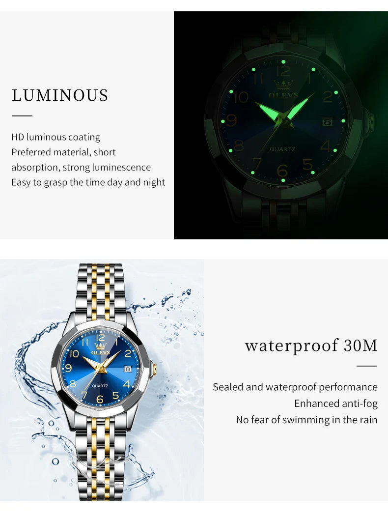 OLEVS 9970 Luxury Quartz Watch Classic Rhombus Mirror Waterproof Digital Dial Men's Watch Women's Watch Date Week Couple Watch