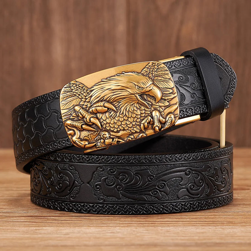 3.5CM Eagle Automatic Buckle Belt Emboss Cowskin Belt Quality Men Wasitbad Strap Genuine Leather Gift Business Belt for Jeans