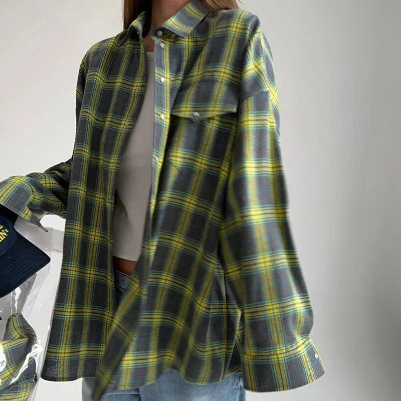 Nowa damska koszula w stylu vintage, oversize, z długim rękawem, w kratę, bluzka, góra, jesień-zima, zapinana na guziki, luźny krój, z kołnierzykiem i kieszenią, styl koreański