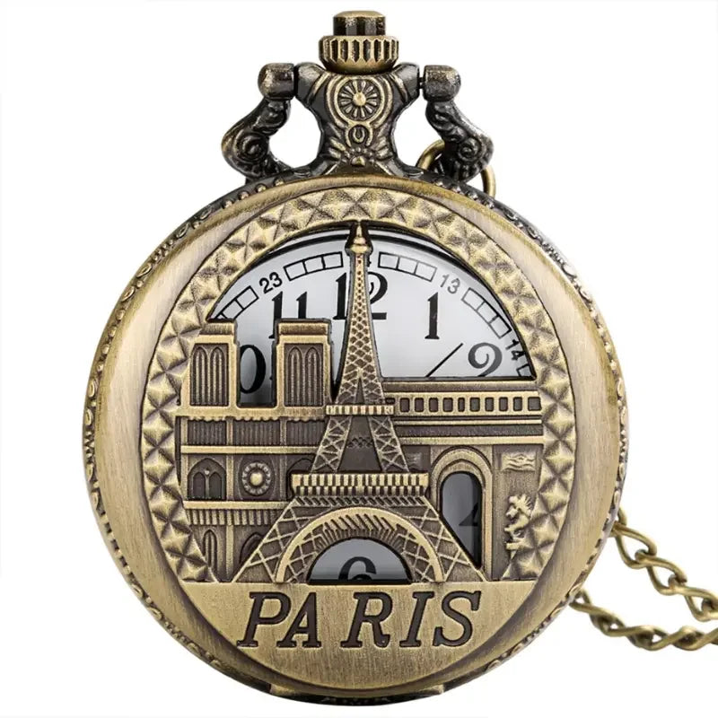 Vintage Paris Eiffel Tower Notre Dame Design Quartz Pocket Watch LE LOUVRE Necklace Pendant Art Souvenir Clock for Men Women