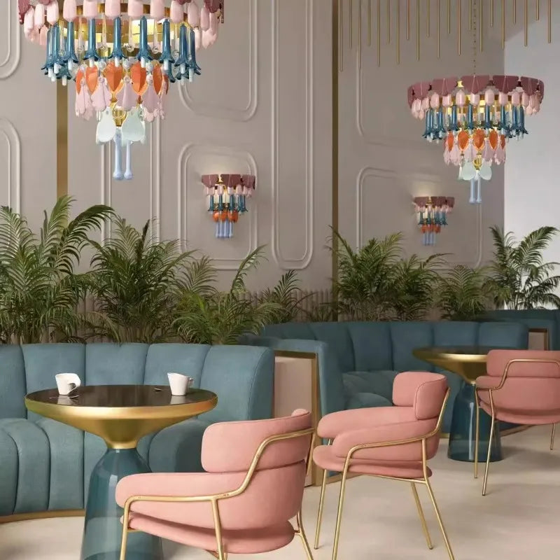 Vintage Ceramic Color Chandelier Macaron Crystal Pendant Light for Bedroom Living Room Hotel Creative Glass Art LED Pendant Lamp