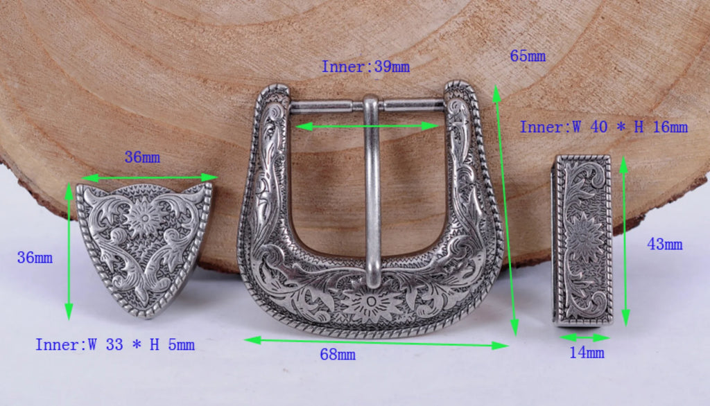 Heavy Duty Cowboy Western Floral Engraved Antique Silver Belt Buckle Set 1-1/2"
