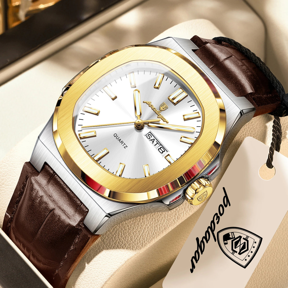 POEDAGAR Men's Fashion Leather Strap Waterproof Wristwatch