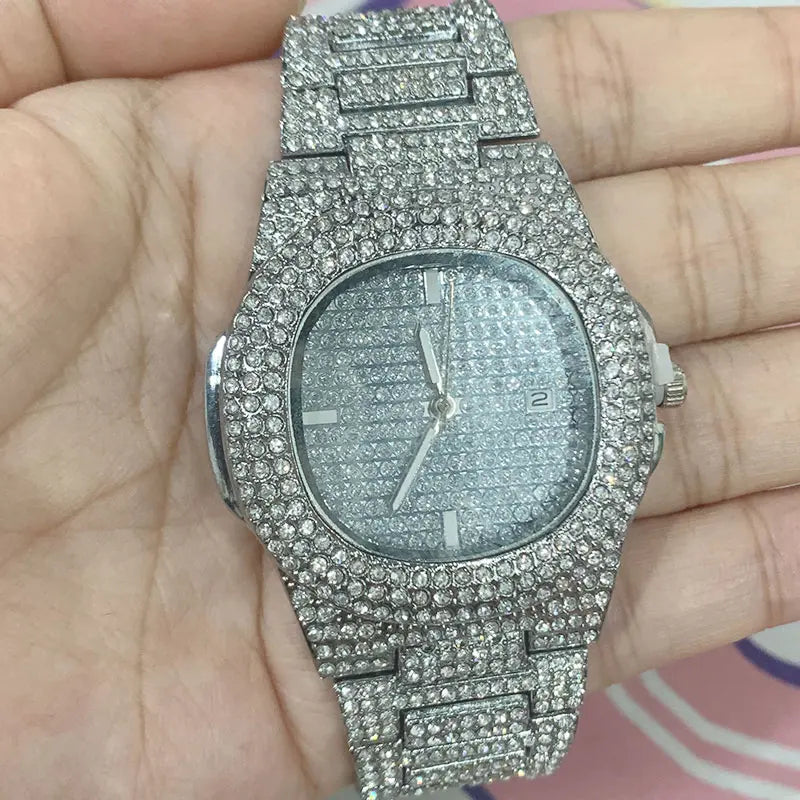 Reloj de moda unisex con diamantes, reloj de cuarzo de acero estilo hip hop, reloj de lujo de marca para hombre y mujer