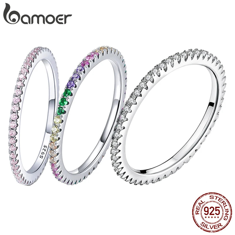 BAMOER 925 Sterling Silver Full Zircons Band Ring Rainbow CZ Geometric Stackable Circle Rings for Women Wedding Jewelry Gift