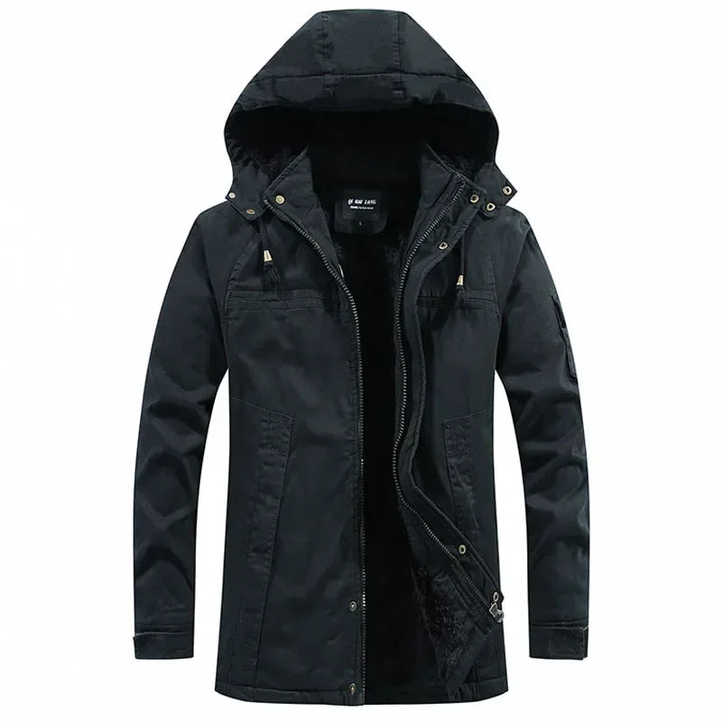 Męska kurtka parka w stylu militarnym, wiatroszczelna z kapturem, z bawełny typu washed, ocieplana grubym polarem, ciepła kurtka zimowa typu varsity w stylu casual, nowość