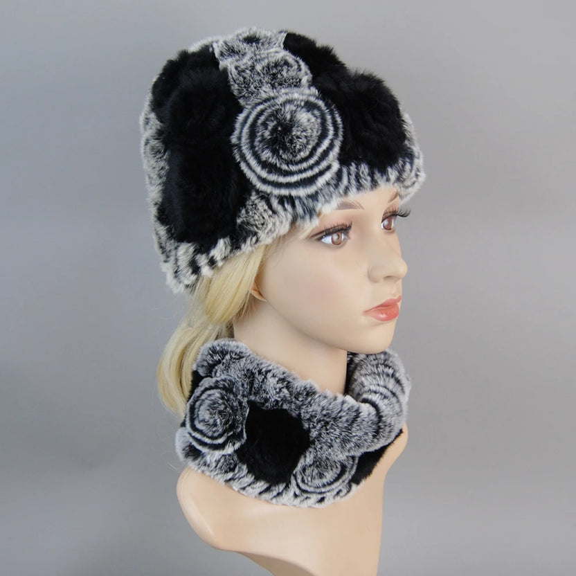 Damen Strick-Set aus echtem Rexkaninchenfell, Mütze und Schal, natürlicher warmer Rexkaninchenfell-Schal, Wintermütze für Damen, Set aus echtem Rexkaninchenfell