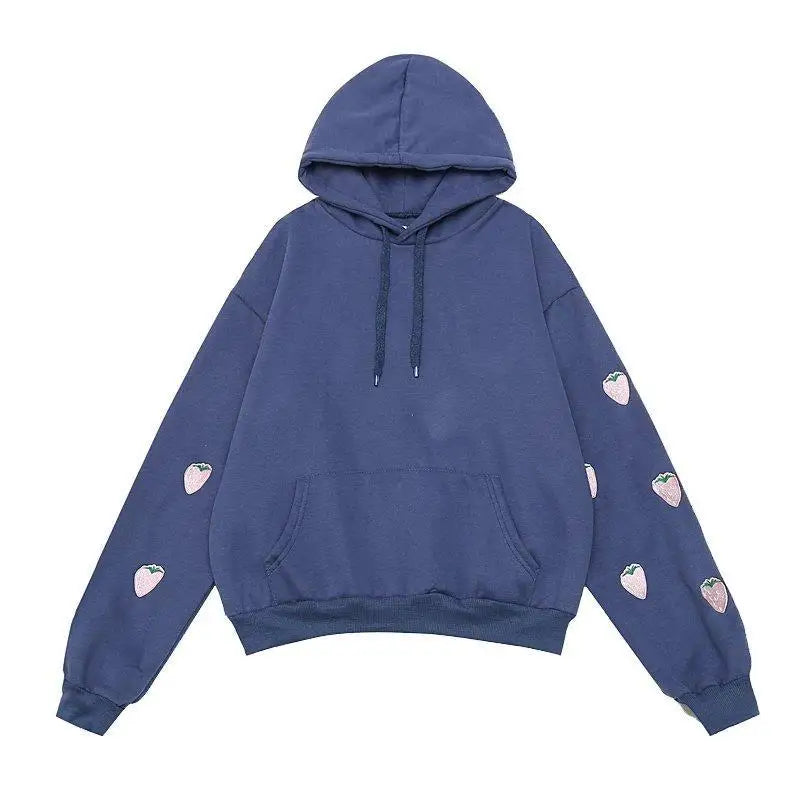 Lawendowo-różowa bluza oversize w stylu Harajuku z haftem truskawki, jesienno-zimowa, damska, kawaii, luźna, z długim rękawem, XXL