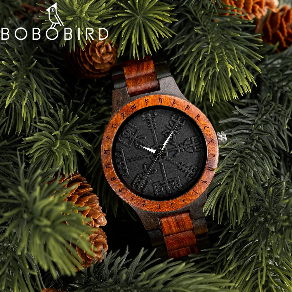 BOBO BIRD Watches for Man Viking Odin Rune Men Quartz Wristwatches Cultural Totem Dail With Wooden Strap Reloj De Hombre
