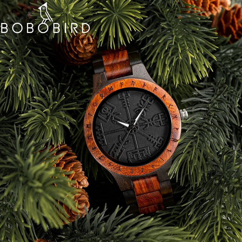 BOBO BIRD Watches for Man Viking Odin Rune Men Quartz Wristwatches Cultural Totem Dail With Wooden Strap Reloj De Hombre