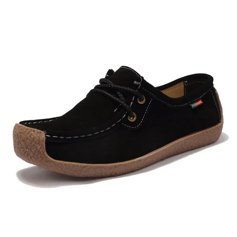 BEYARNE Brand Women Genuine Leather Flat Shoes Lace Up Sneakers Autumn Oxford Shoes Female Loafers Casual Suede Flats Stitching