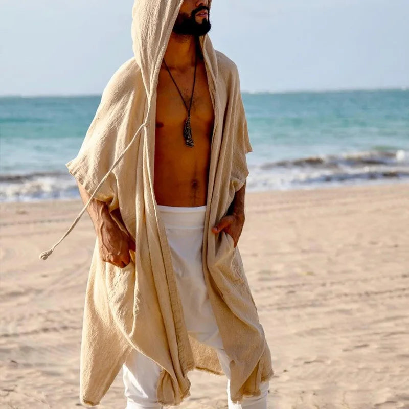 Cárdigan masculino de verano 2026, largo medio, estilo casual holgado, prenda de protección solar, capa tipo chal para vacaciones en la playa, con capucha.