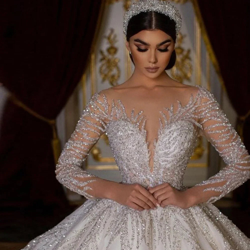 Maßgeschneidertes, glänzendes Ballkleid-Brautkleid mit langen Ärmeln, paillettenbesetztes Prinzessinnen-Brautkleid, Vestido De Novia Boda Amanda Novias Oficial