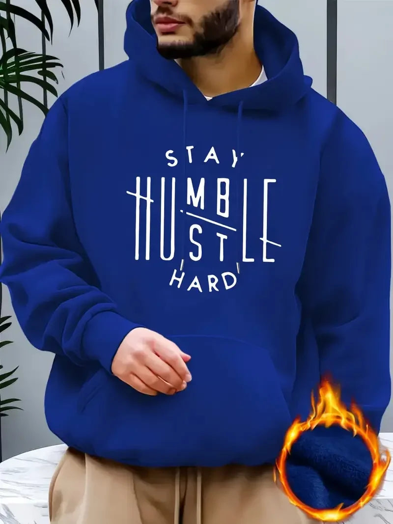 Inspirerande hoodie för män - "Stay Humble"-mönstrad avslappnad streetstyle-huvtröja, vardagsmode med lång ärm