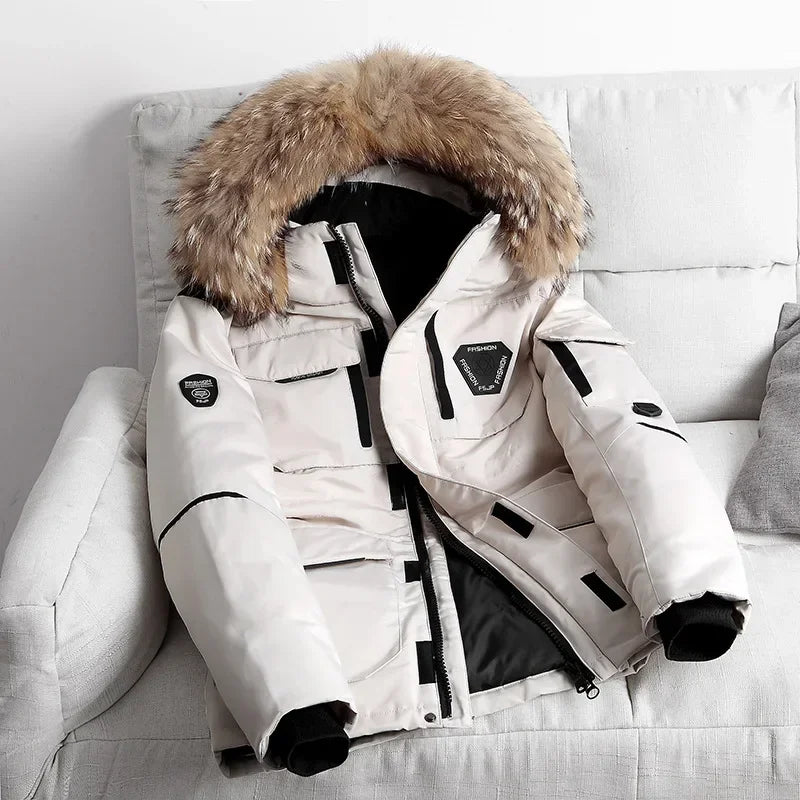 Chaqueta de invierno para hombre, gruesa de algodón y poliéster, con cuello de pelo y capucha